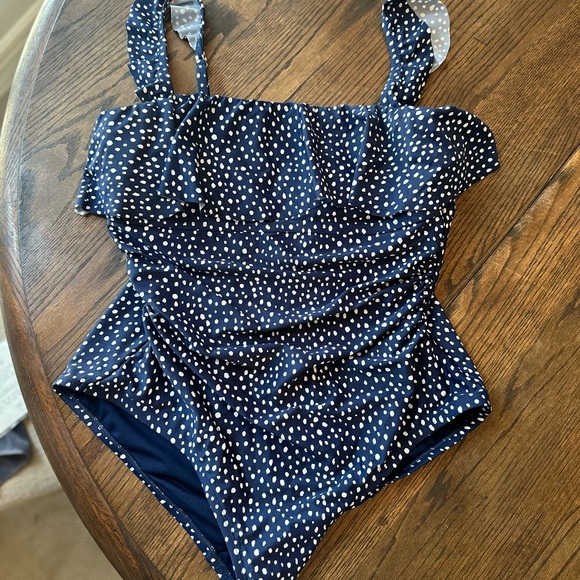 Navy Polka Dot Ruffle Shoulder One Piece Swimsuit - Picture 3 of 6
